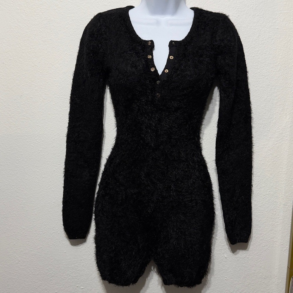 Hera Collection Black Fuzzy Knit Henley Romper Long Sleeve Bodycon Small - Picture 3 of 12